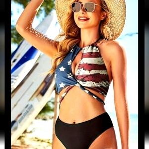 NWOT American Flag Print Halter Neck Bikini Set For Women, High Cut Two-Piece